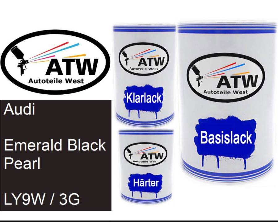 Audi, Emerald Black Pearl, LY9W / 3G: 500ml Lackdose + 500ml Klarlack + 250ml Härter - Set, von ATW Autoteile West.